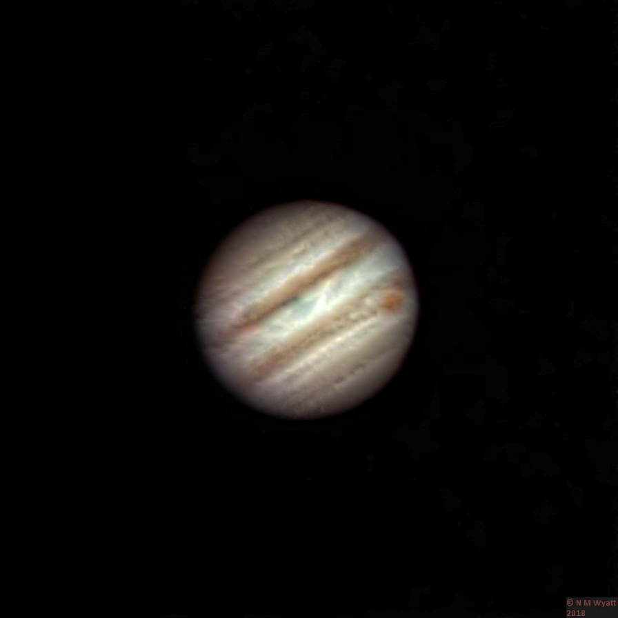 Jupiter showing the red spot and cloud bands